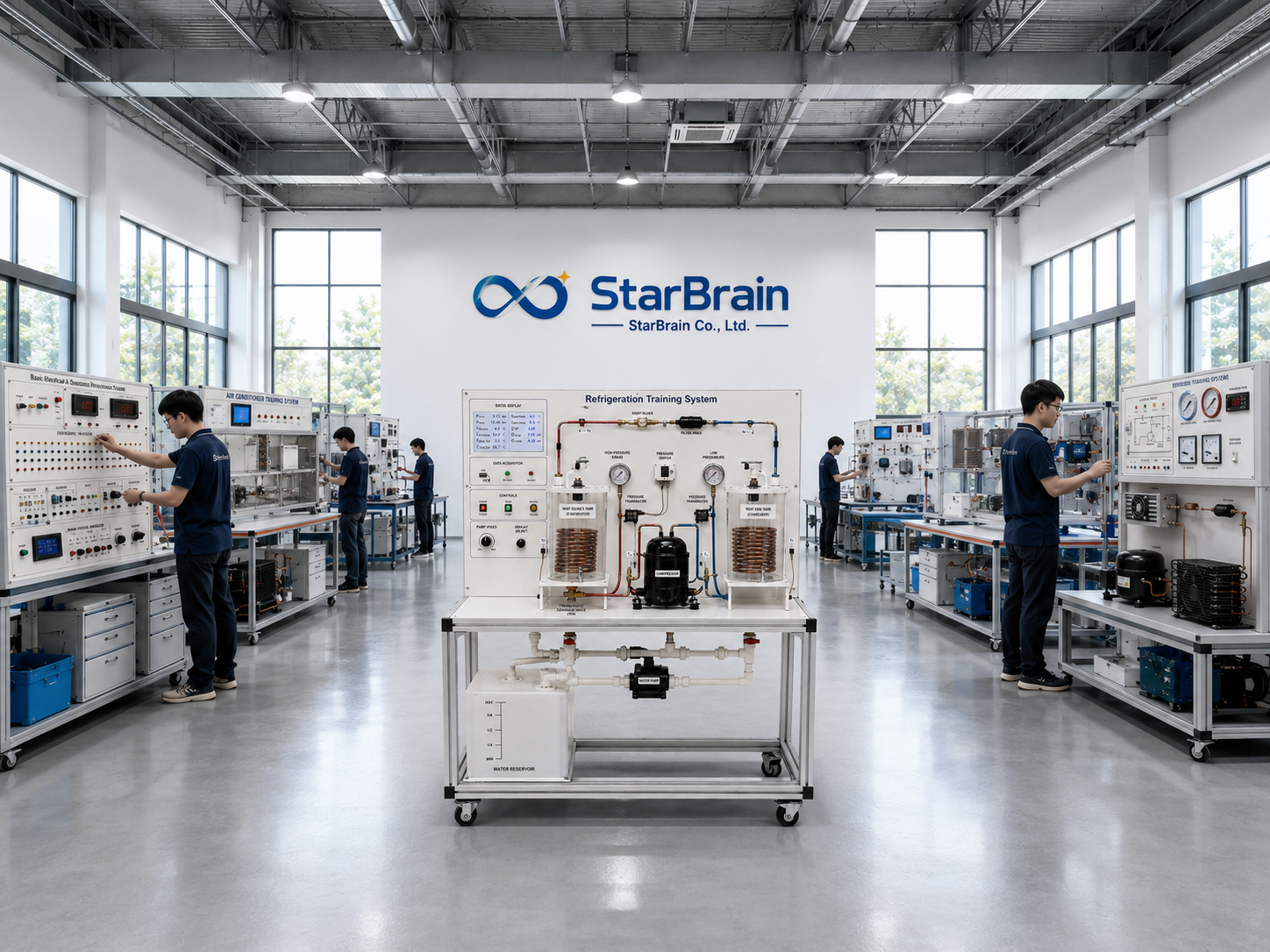 StarBrain production workshop with company logo and submitted training equipment